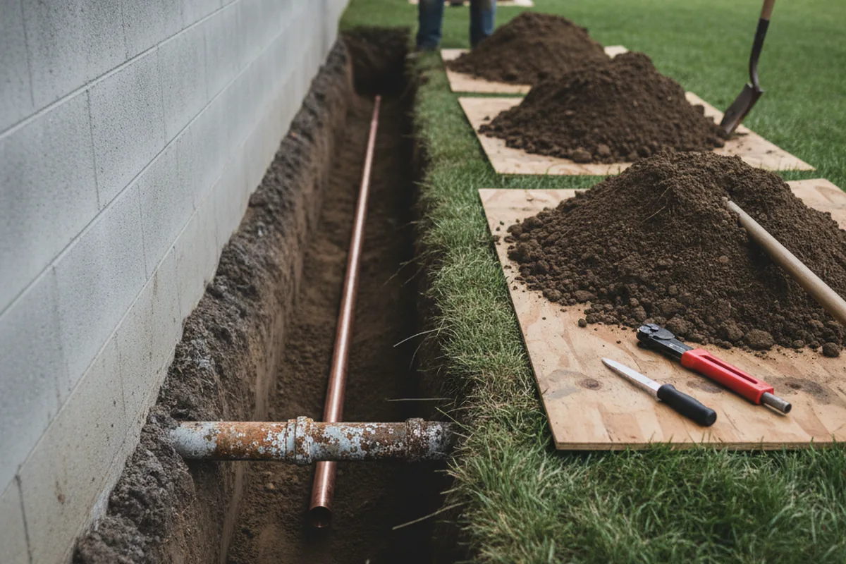 Excavated water line trench during Water Softener Installation in Iberia